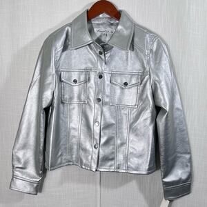 Kenneth Cole NWT Faux Leather Metallic Silver Trucker Jacket Size M